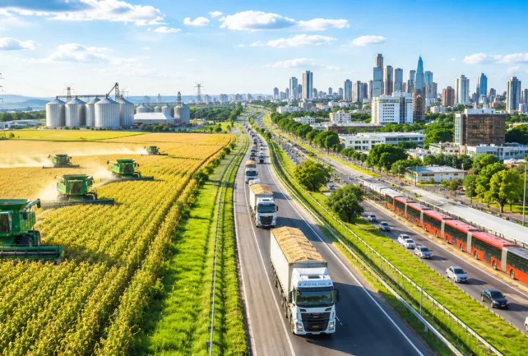 Plantação de soja no interior do Paraná com skyline urbano ao fundo representando a relação entre campo e cidade.