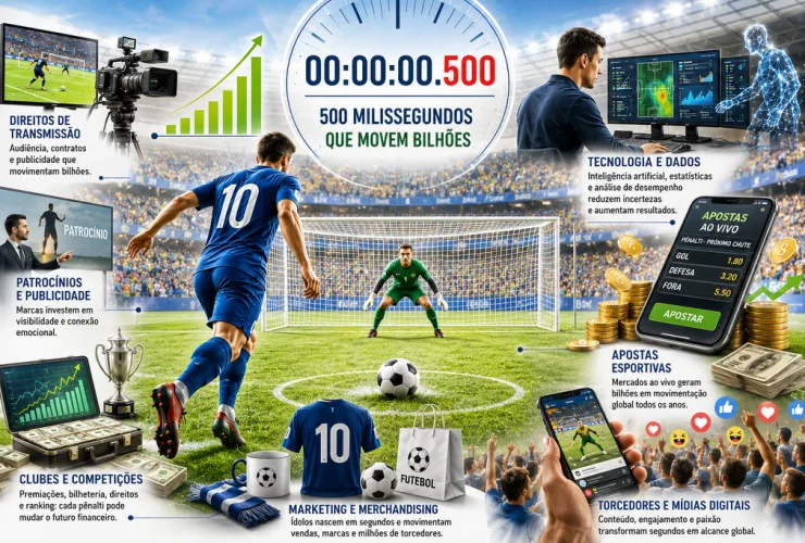 Jogador se prepara para cobrar um pênalti diante de estádio lotado, cercado por elementos que representam tecnologia, finanças e a economia do futebol.
