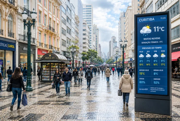 Rua XV de Novembro, em Curitiba, movimentada durante um dia de inverno com temperaturas entre 8°C e 15°C. Painel meteorológico mostra previsão de frio, nuvens e chuva na capital paranaense.