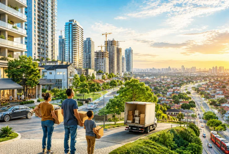 Vista urbana de Curitiba mostrando prédios modernos em bairros nobres e famílias se deslocando para regiões periféricas.