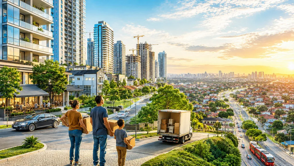 Vista urbana de Curitiba mostrando prédios modernos em bairros nobres e famílias se deslocando para regiões periféricas.
