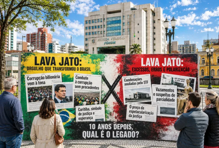 Vista urbana de Curitiba com o prédio da Justiça Federal ao fundo e pessoas caminhando pelo Centro Histórico, simbolizando o legado da Lava Jato dez anos depois.