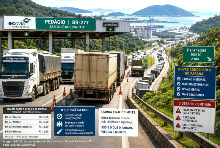 Vista de caminhões transportando grãos em rodovia pedagiada do Paraná, com placas indicando o Porto de Paranaguá ao fundo e fluxo intenso de veículos de carga.