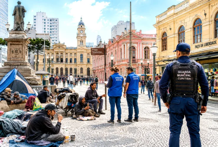 População em situação de rua ocupando área do Centro Histórico de Curitiba, próximo à Praça Tiradentes, com comércio e pedestres ao redor.