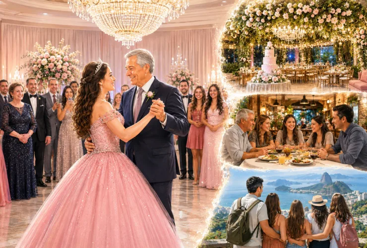 Debutante dançando a valsa cercada pela família em um salão elegante durante festa de 15 anos.