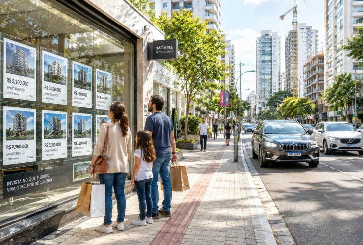 Família caminhando por avenida de Curitiba diante de imobiliária com anúncios de apartamentos de luxo, tendo ao fundo edifícios modernos e novos empreendimentos residenciais.