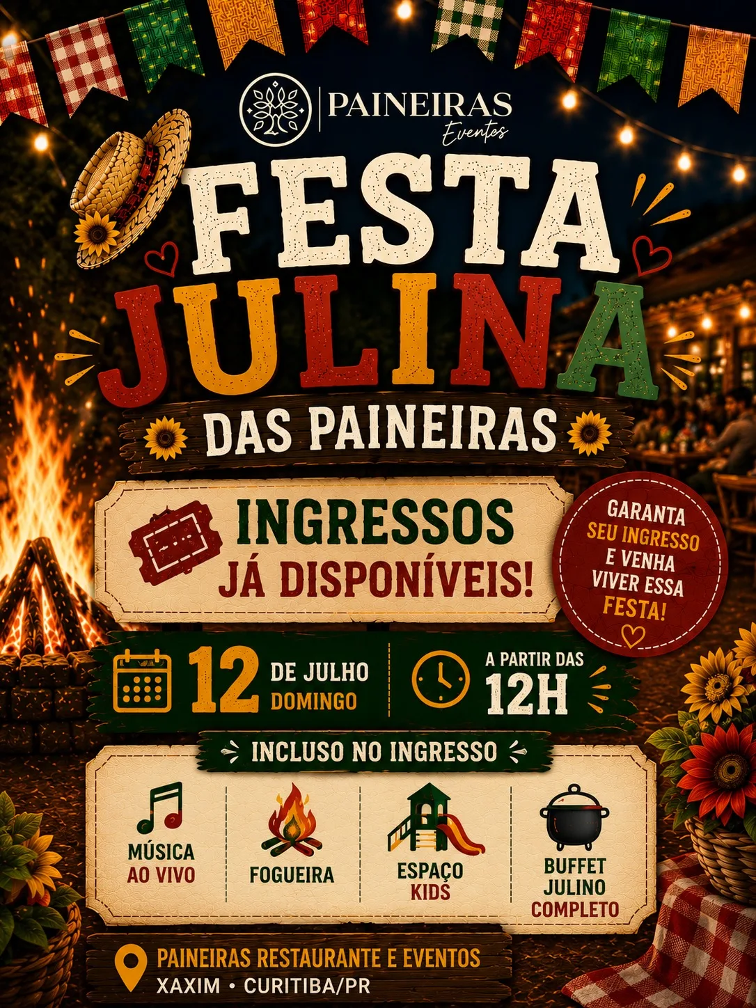 Festa Julina Paineiras 2026 terá buffet típico, música ao vivo e atrações para famílias em Curitiba