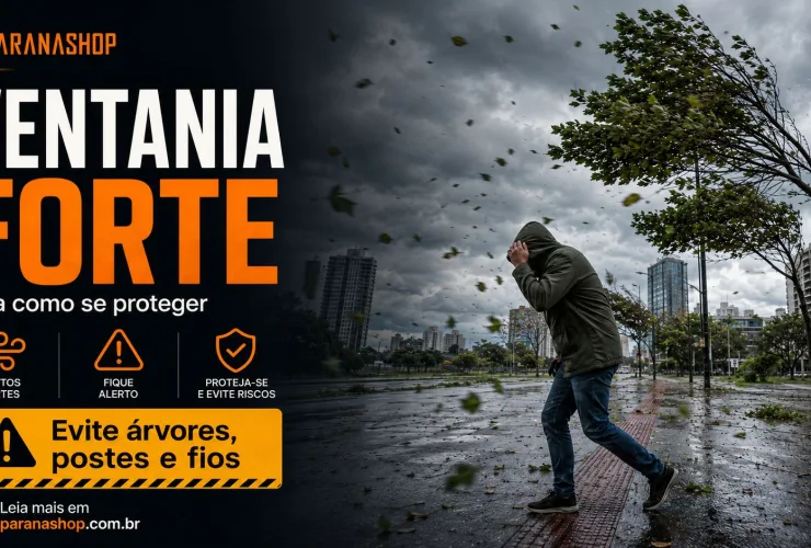 Pessoa se protege durante ventania forte em cidade com árvores, chuva e alerta de segurança