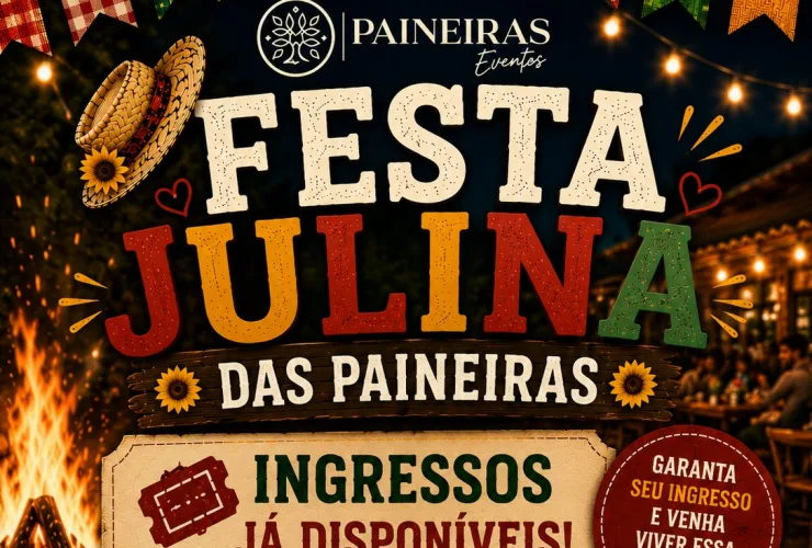 Festa Julina Paineiras 2026 em Curitiba terá buffet típico, música ao vivo com André Gardini, recreação infantil com Turma do Saci Eventos, fogueira, espaço kids, parquinho e cama elástica no Xaxim.