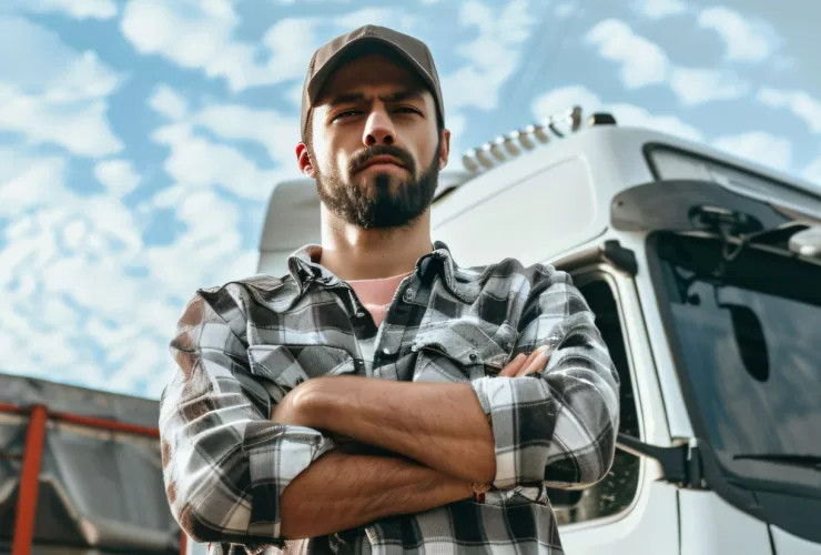 Caminhoneiro ao lado de caminhão em pauta sobre transporte de cargas, reivindicações da categoria e diálogo com autoridades.