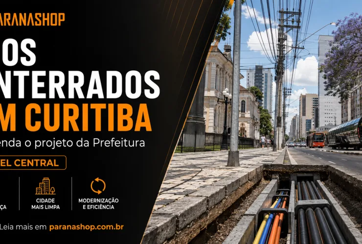 Rua de Curitiba com postes, cabos e projeto de fiação subterrânea para modernizar a infraestrutura urbana