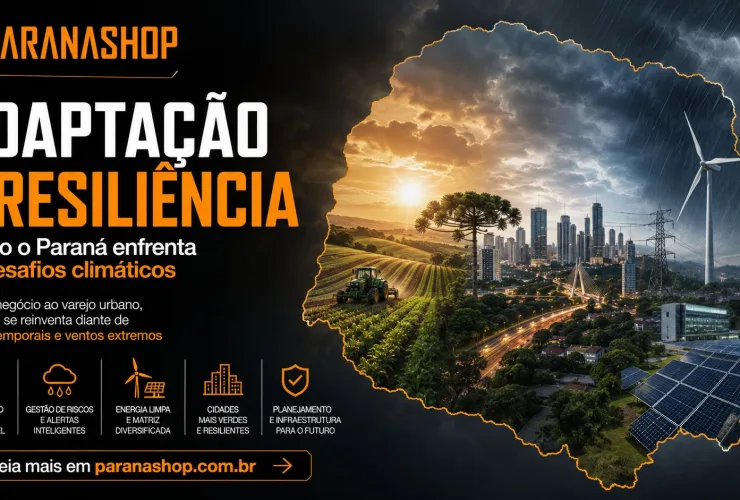 Mapa do Paraná com lavoura, cidade e ícones de alerta climático representando adaptação e resiliência