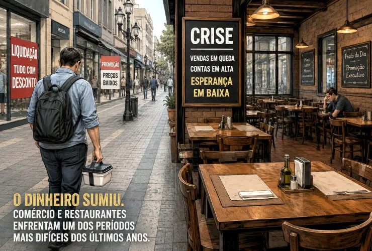 Restaurante com diversas mesas vazias e movimento reduzido em uma rua comercial, representando a queda no consumo e a crise enfrentada pelo varejo.