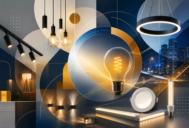Composição abstrata em tons de azul, dourado e branco, com feixes luminosos, formas geométricas e efeitos de luz que representam inovação, tecnologia e o setor de iluminação no Paraná.