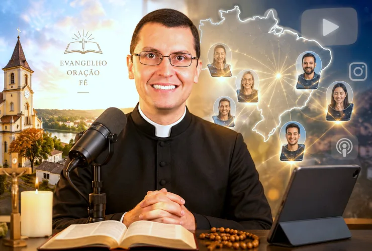 Padre Alex Nogueira gravando uma reflexão religiosa em estúdio para milhões de seguidores nas redes sociais.