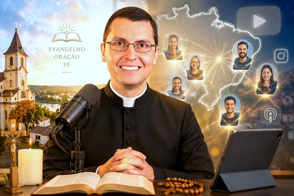 Padre Alex Nogueira gravando uma reflexão religiosa em estúdio para milhões de seguidores nas redes sociais.