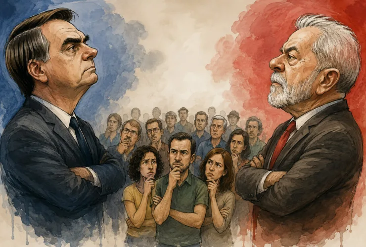 Ilustração editorial representando dois grandes polos políticos diante de um eleitorado dividido e em busca de alternativas para a eleição presidencial.