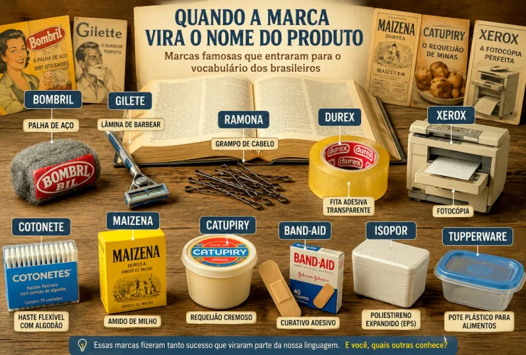 Produtos do cotidiano identificados por marcas que se tornaram nomes populares, como Gilete, Bombril, Xerox, Catupiry e Ramona.