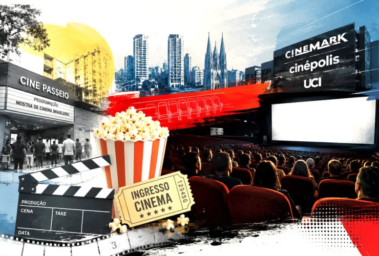 Interior e fachadas dos principais cinemas de Curitiba em colagem editorial.
