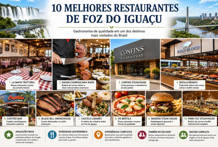 Fachadas e ambientes de alguns dos restaurantes mais bem avaliados de Foz do Iguaçu.