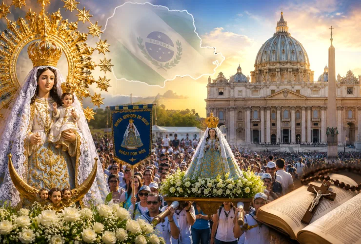 Imagem ilustrativa mostrando Nossa Senhora do Rocio, romeiros em procissão no Paraná e a Basílica de São Pedro representando a canonização da Igreja Católica.