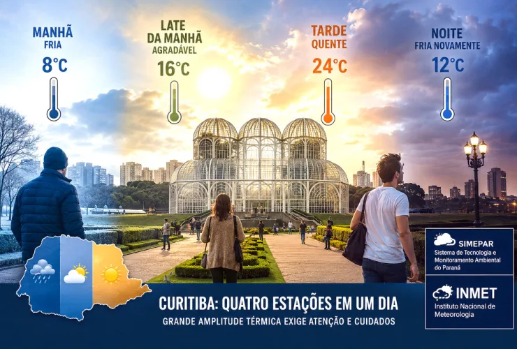 Vista de Curitiba com céu parcialmente ensolarado, nuvens e pessoas usando roupas de frio e de meia-estação, representando a grande amplitude térmica.