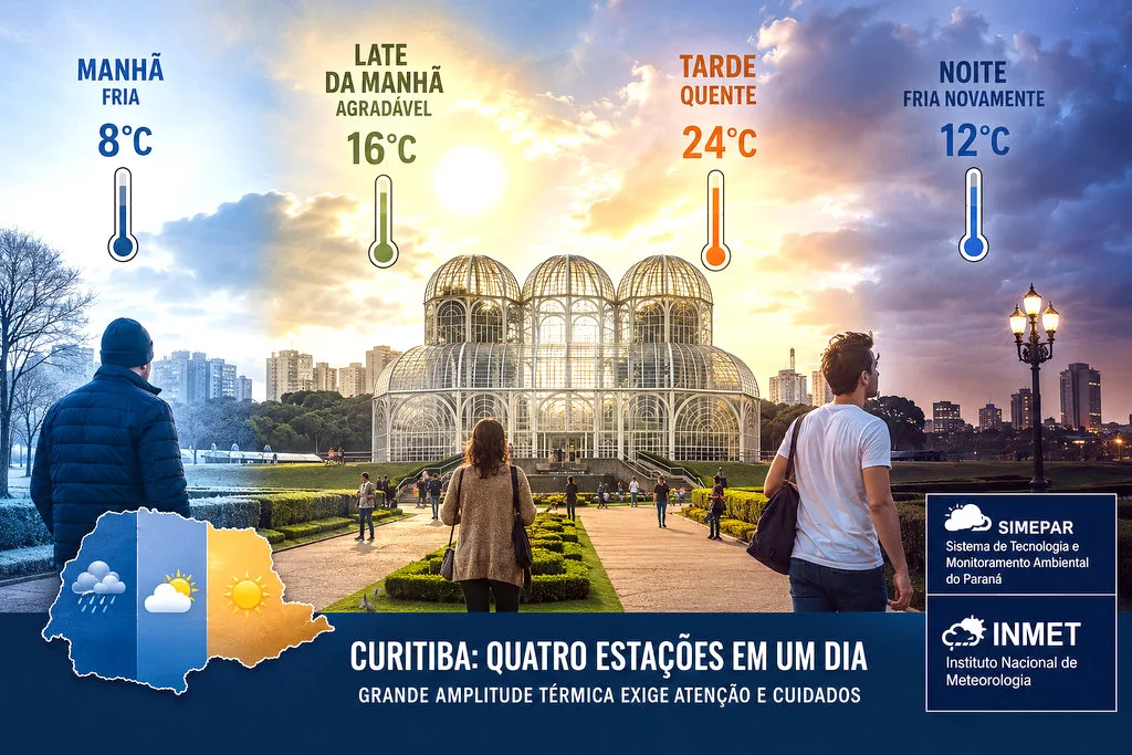 Vista de Curitiba com céu parcialmente ensolarado, nuvens e pessoas usando roupas de frio e de meia-estação, representando a grande amplitude térmica.