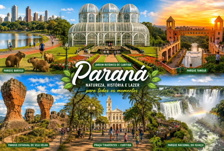 Vista panorâmica reunindo o Jardim Botânico de Curitiba, Parque Barigui, Parque Tanguá, Parque Estadual de Vila Velha e Cataratas do Iguaçu.