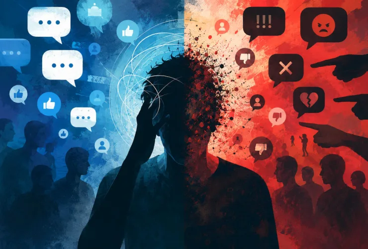 Pessoa diante de telas de redes sociais observando comentários, críticas e manifestações virtuais sobre uma publicação polêmica.