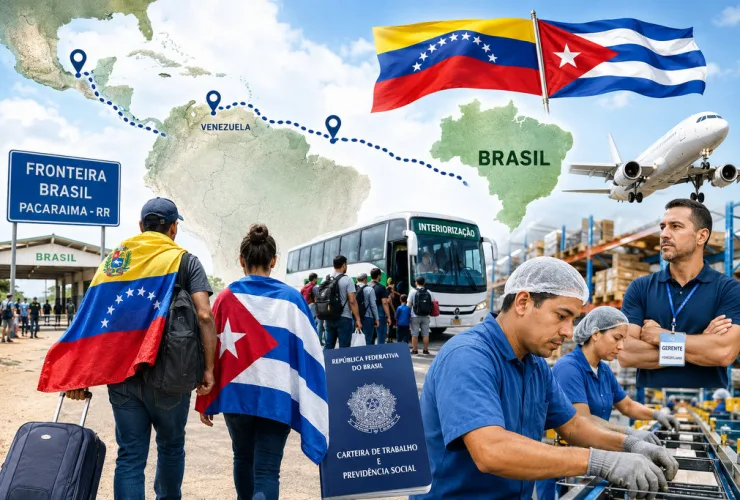 Trabalhadores venezuelanos e cubanos em ambiente industrial brasileiro, com referência visual à fronteira de Roraima e ao processo de imigração.