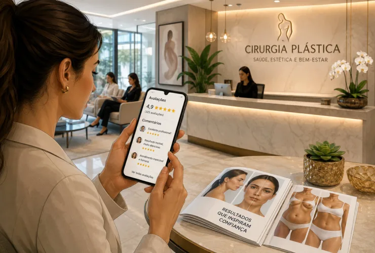 Paciente consulta avaliações online antes de entrar em uma moderna clínica de cirurgia plástica em Curitiba.