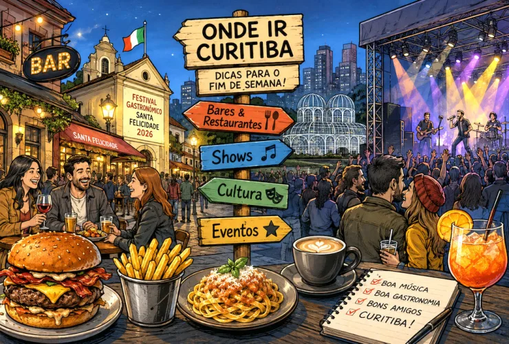 Pessoas caminhando entre restaurantes e atrações culturais durante um fim de semana de inverno em Curitiba.