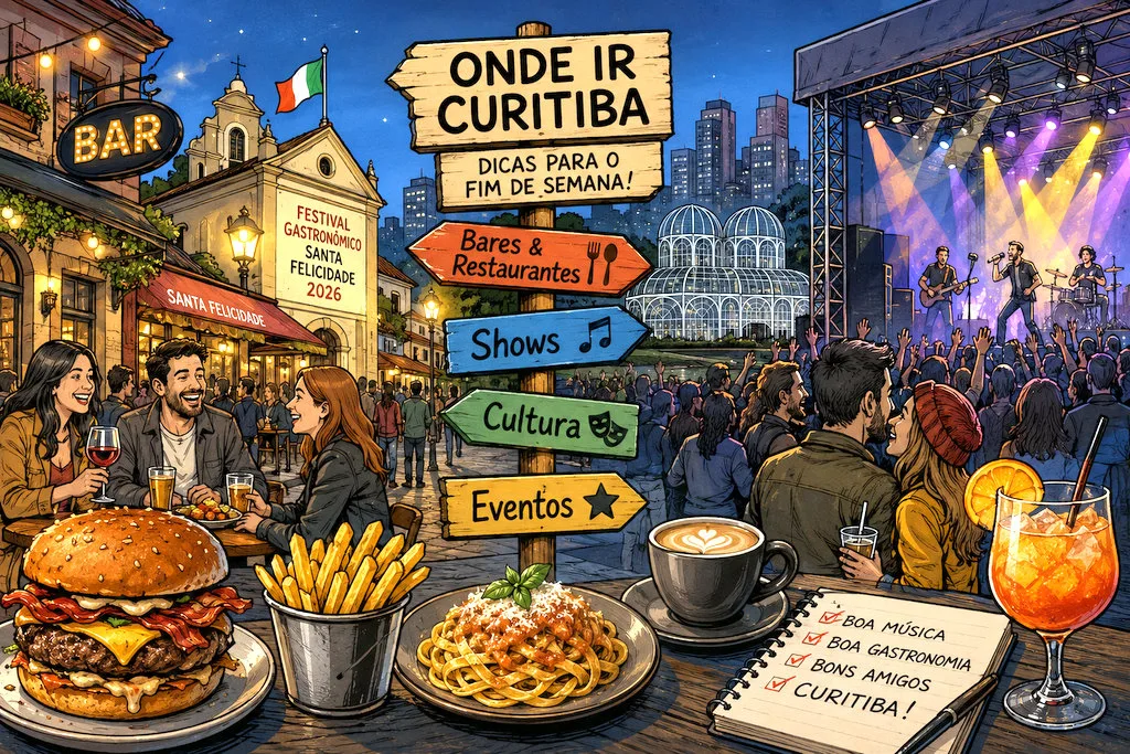 Pessoas caminhando entre restaurantes e atrações culturais durante um fim de semana de inverno em Curitiba.