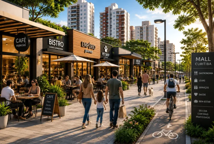 Mall contemporâneo em Curitiba com restaurantes, lojas, cafeterias e pessoas circulando em ambiente aberto.