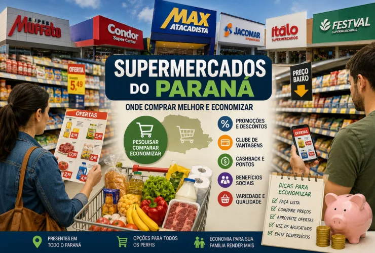 Consumidores comparando preços em grandes supermercados do Paraná.