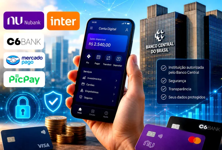 Aplicativos de bancos digitais em smartphone com elementos gráficos representando segurança financeira e regulamentação do Banco Central.