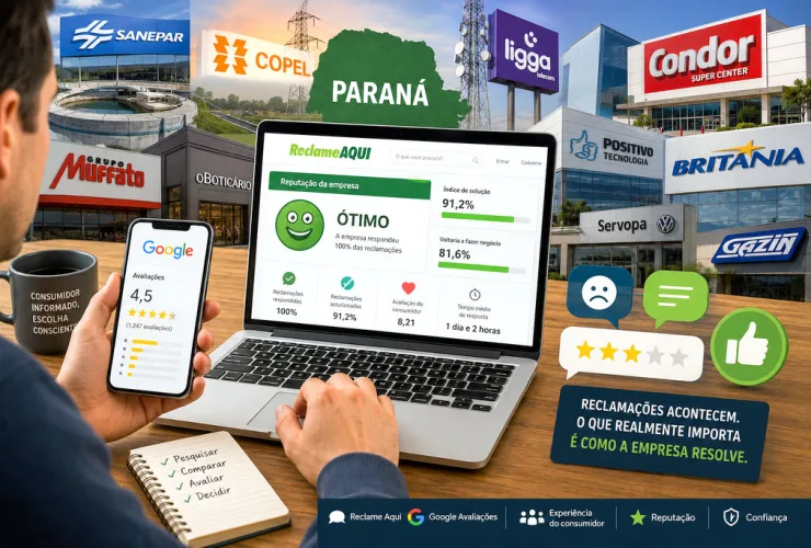 Consumidor pesquisando a reputação de empresas paranaenses no Reclame Aqui e no Google antes de realizar uma compra.