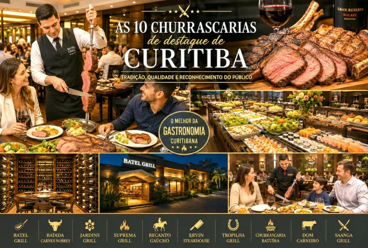 Garçom servindo cortes nobres em uma churrascaria de Curitiba com buffet gourmet ao fundo.