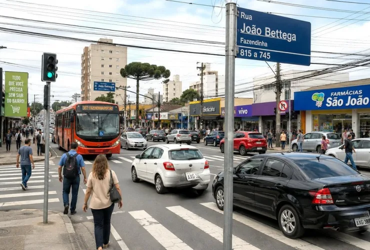 Cruzamento movimentado no bairro Fazendinha com intenso fluxo de veículos e pedestres em Curitiba.