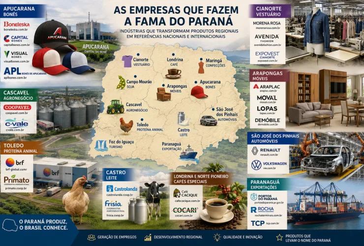 Montagem ilustrada com mapa do Paraná destacando os principais polos industriais e empresas ligadas aos produtos símbolo do Estado, como bonés, móveis, confecções, automóveis, café, leite, soja e exportações portuárias.