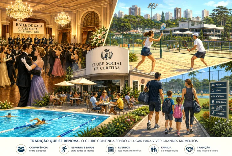 Vista ilustrada de um tradicional clube social de Curitiba reunindo salão de baile, piscinas, quadras esportivas e famílias utilizando áreas de lazer.
