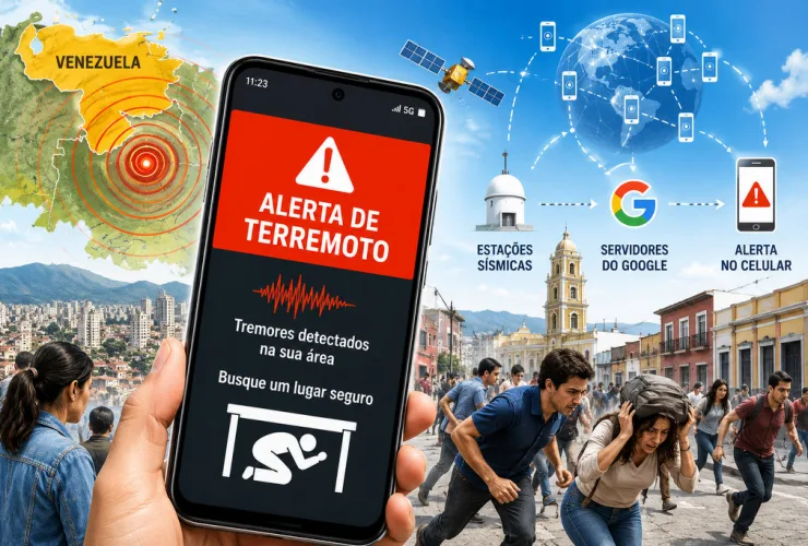 Smartphone Android exibindo alerta de terremoto sobre mapa da Venezuela com representação gráfica de ondas sísmicas.