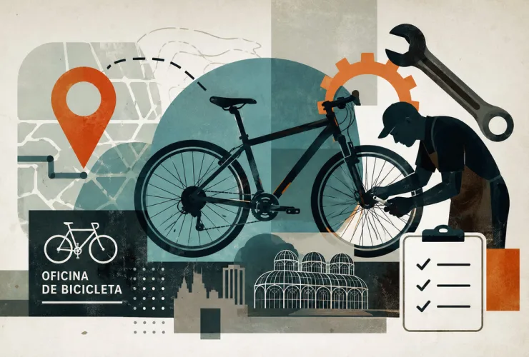 Mecânico especializado realiza revisão completa em uma bicicleta em oficina de Curitiba.