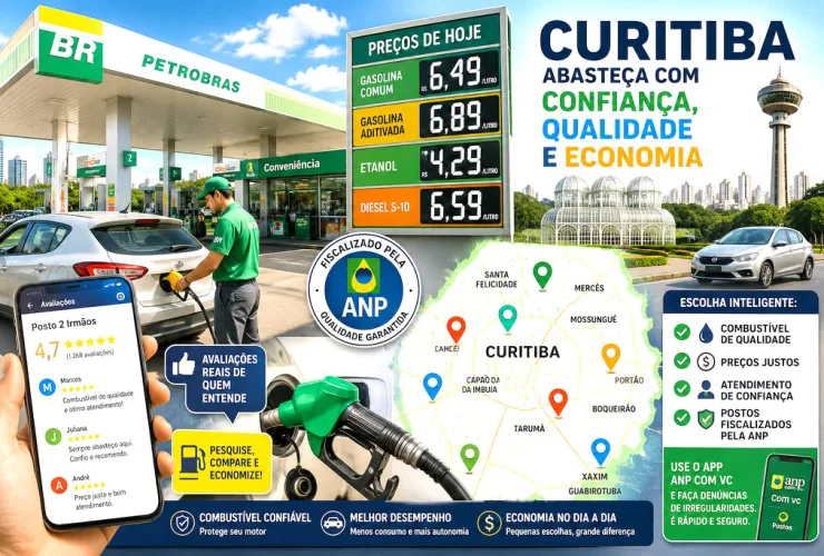 Posto de combustíveis moderno em Curitiba com motorista abastecendo enquanto consulta avaliações no celular.