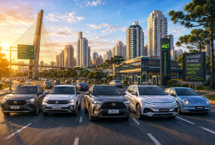 SUVs, carros elétricos e veículos das principais marcas circulando em avenida de Curitiba, representando a transformação do mercado automotivo paranaense.