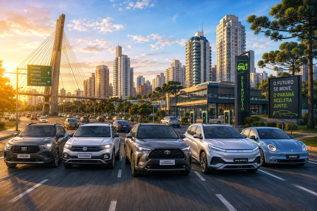 SUVs, carros elétricos e veículos das principais marcas circulando em avenida de Curitiba, representando a transformação do mercado automotivo paranaense.