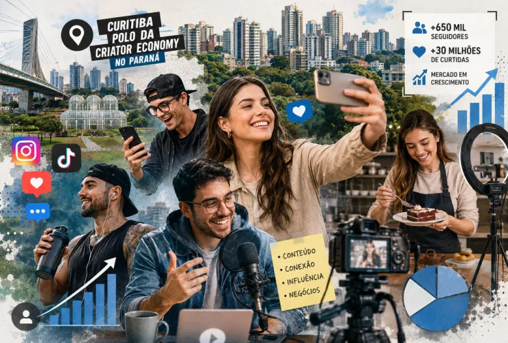 Ilustração de influenciadores digitais produzindo conteúdo com a cidade de Curitiba ao fundo e elementos da economia digital.