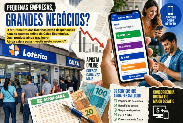Cliente realiza atendimento em uma lotérica enquanto outros utilizam aplicativos de apostas no celular, ilustrando a transformação digital do setor.