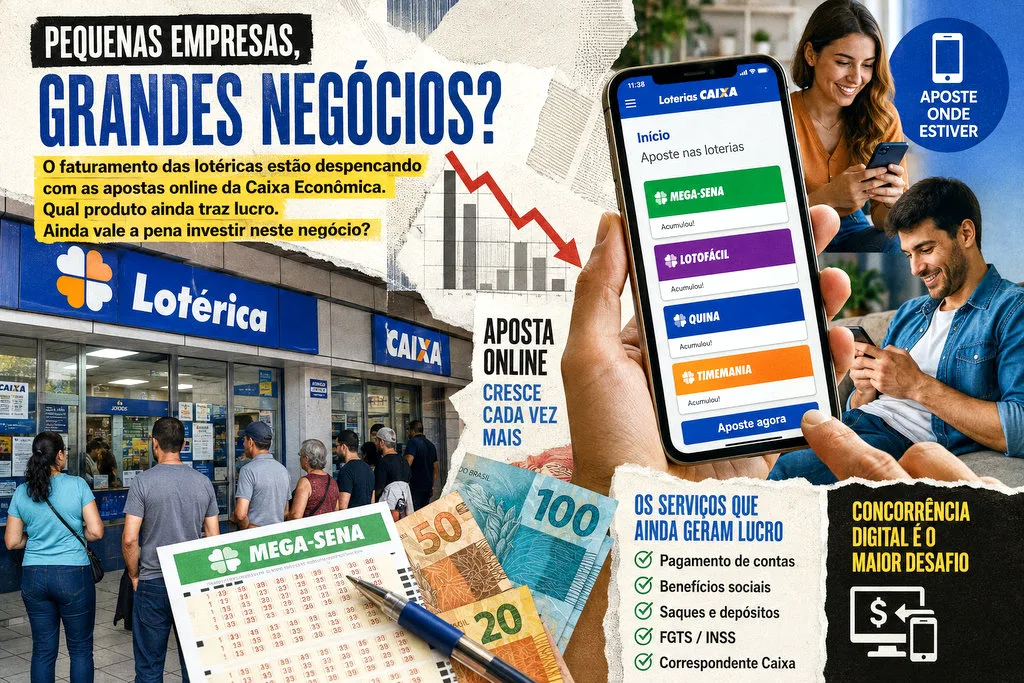 Cliente realiza atendimento em uma lotérica enquanto outros utilizam aplicativos de apostas no celular, ilustrando a transformação digital do setor.