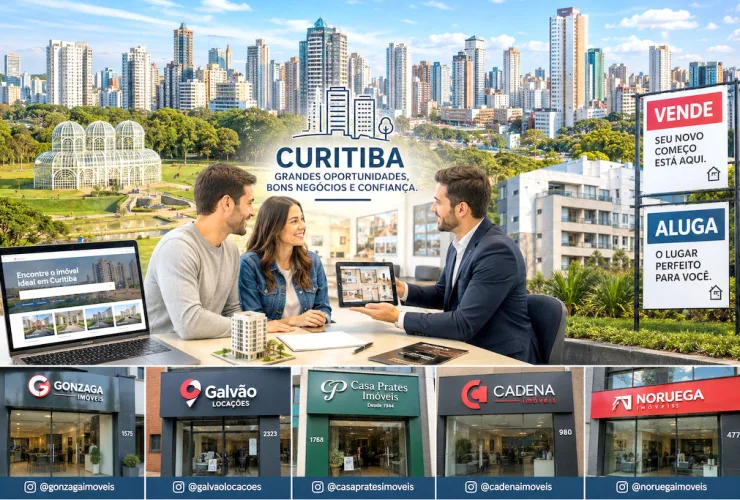 Corretores apresentam apartamento moderno em Curitiba, simbolizando as principais imobiliárias da capital.